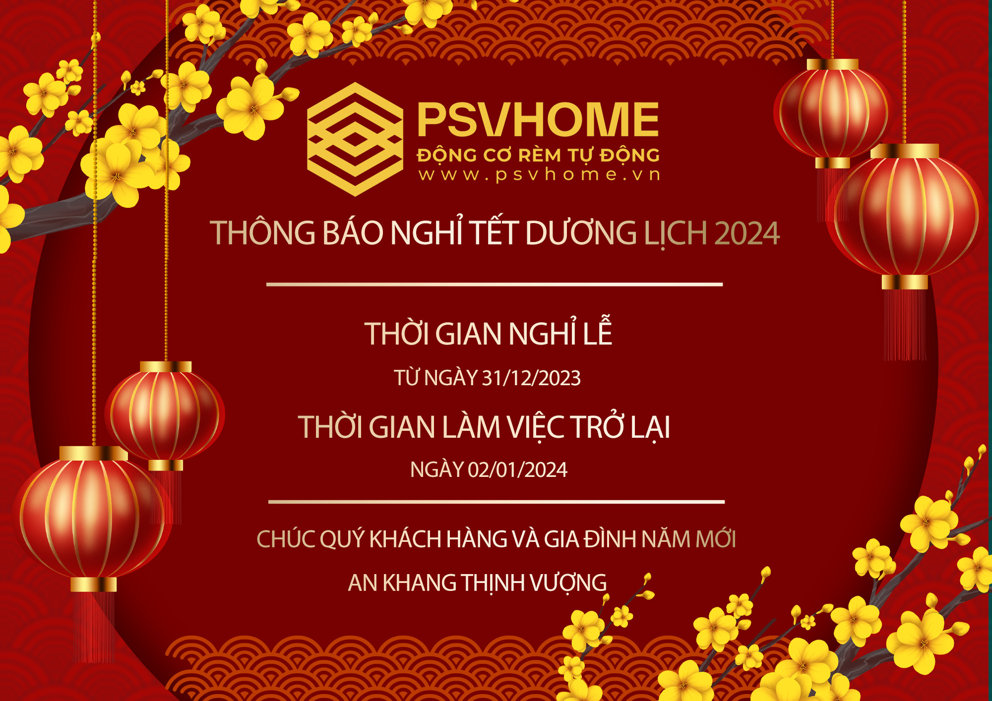 Công ty PSV Home thông báo lịch nghỉ tết dương lịch 2024